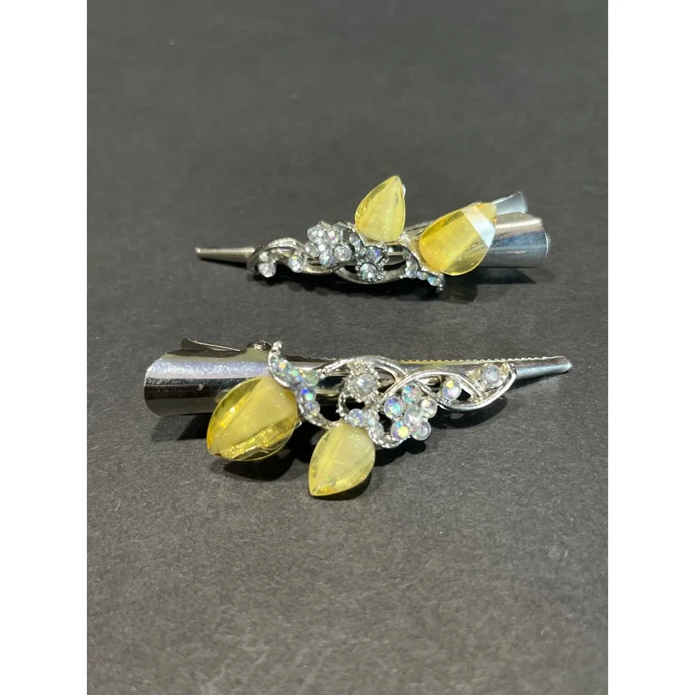 Silver Tone Yellow Teardrop AB Rhinestone Filigree Alligator Hair Clips Set of 2
